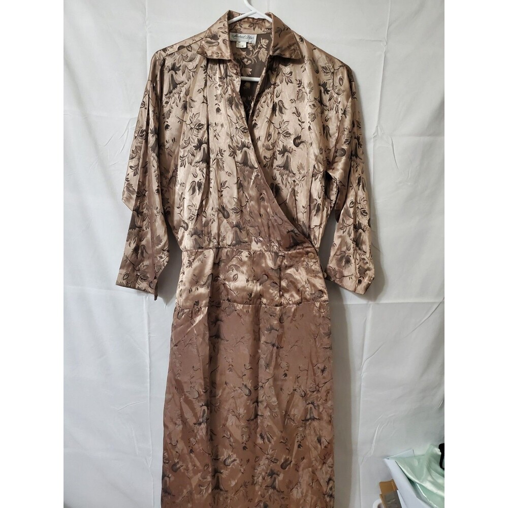 Vtg Michael Blair Satin Floral Dress Size 7-8 Bronze Wrap Style Bodice Union USA